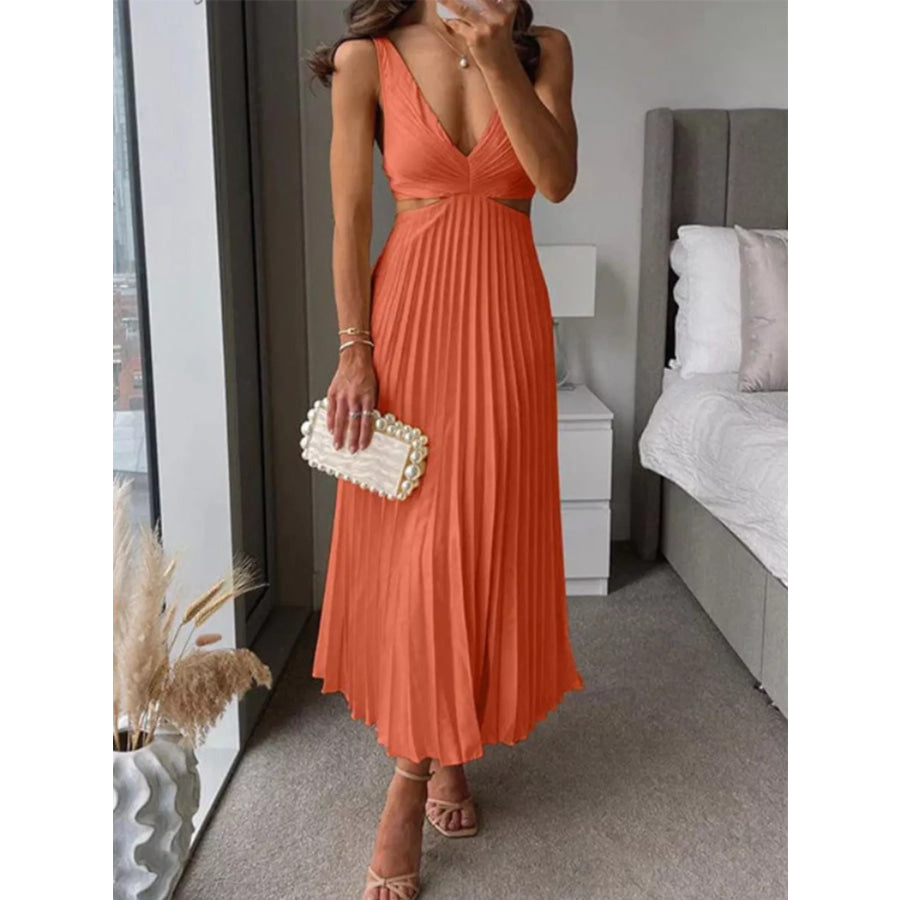 Elegant Pleated Midi Dress with Cut-out Details Orange-Red / S Apparel and Accessories