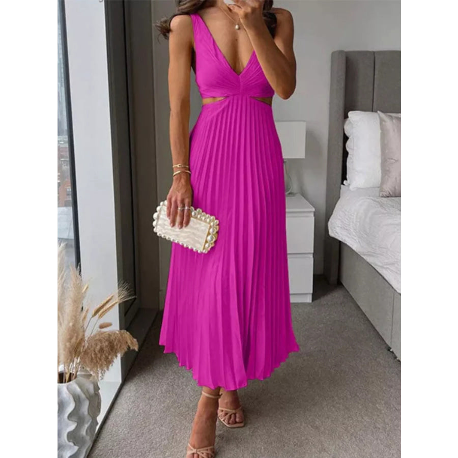 Elegant Pleated Midi Dress with Cut-out Details Purple Red / S Apparel and Accessories