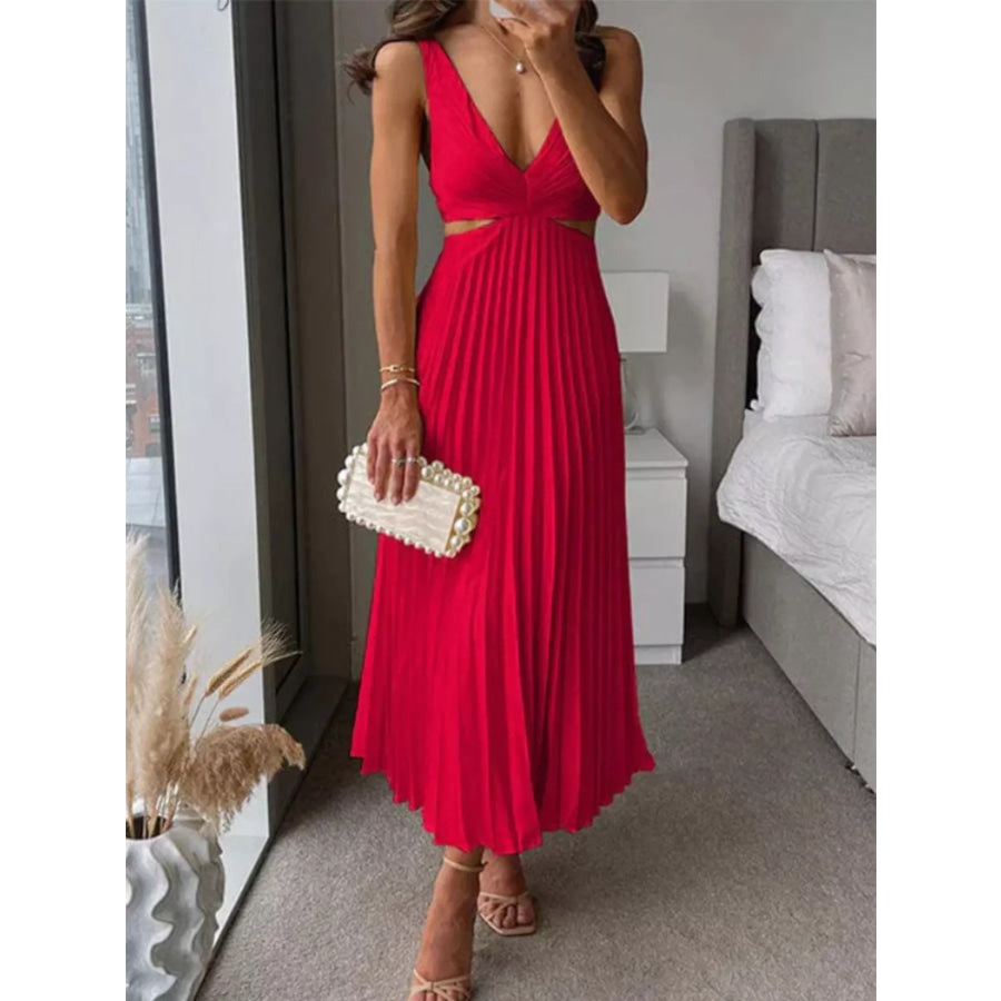 Elegant Pleated Midi Dress with Cut-out Details Red / S Apparel and Accessories