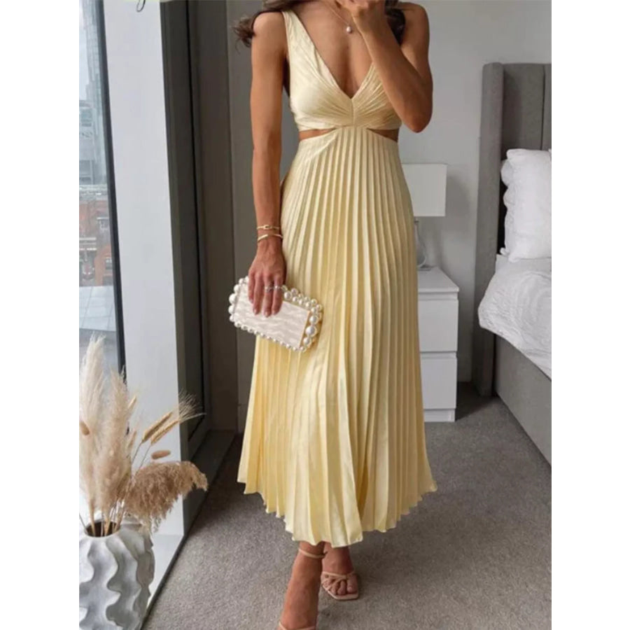 Elegant Pleated Midi Dress with Cut-out Details Yellow / S Apparel and Accessories