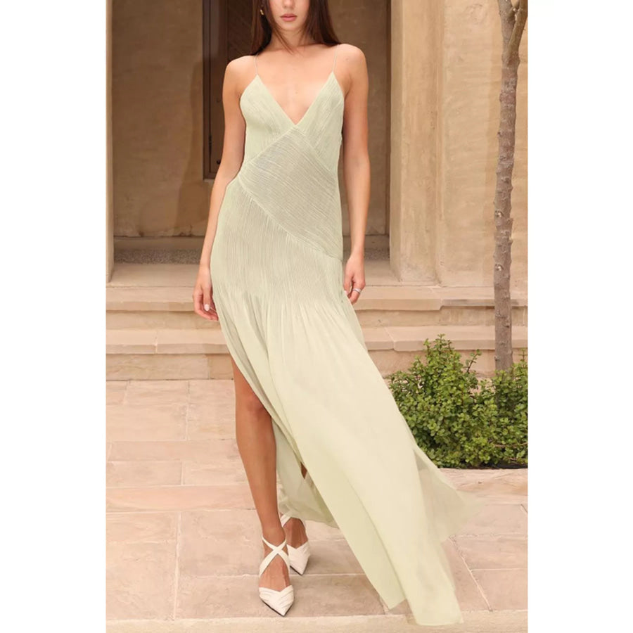 Elegant Pleated Sheer Maxi Cami Dress Apparel and Accessories