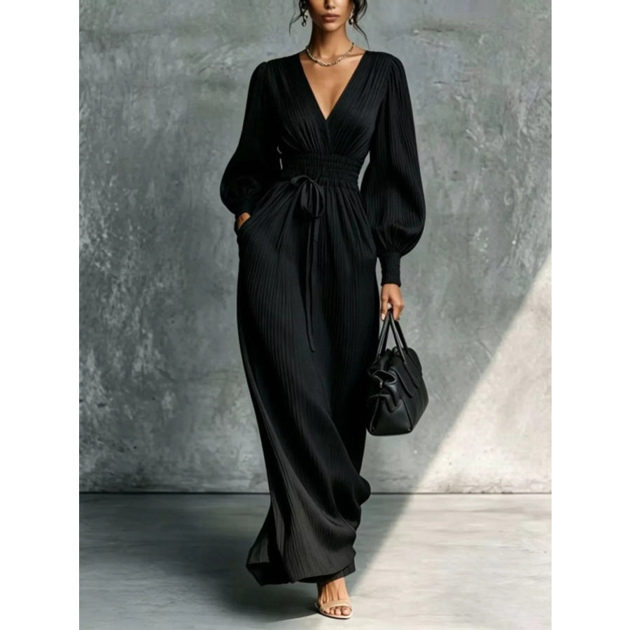 Elegant Pleated V-Neck Maxi Dress with Lantern Sleeves and Tie-Waist Apparel Accessories