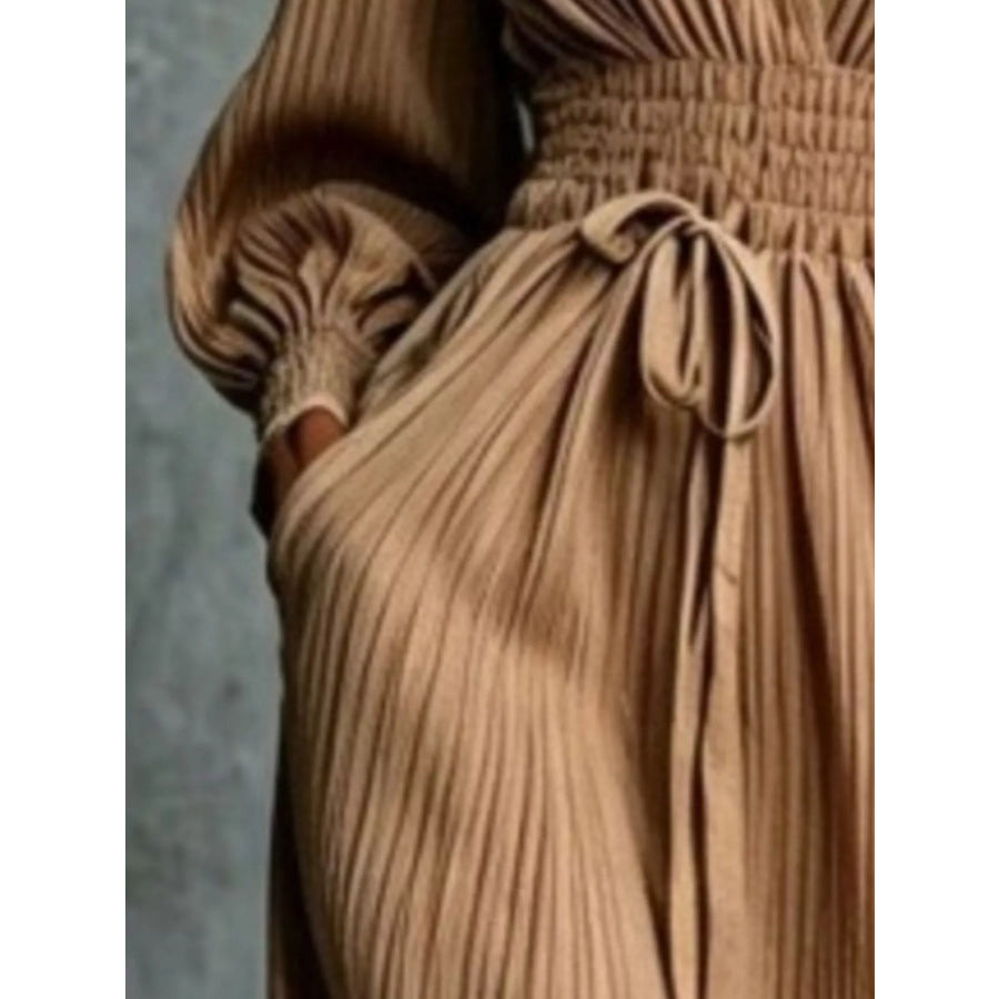 Elegant Pleated V-Neck Maxi Dress with Lantern Sleeves and Tie-Waist Apparel Accessories