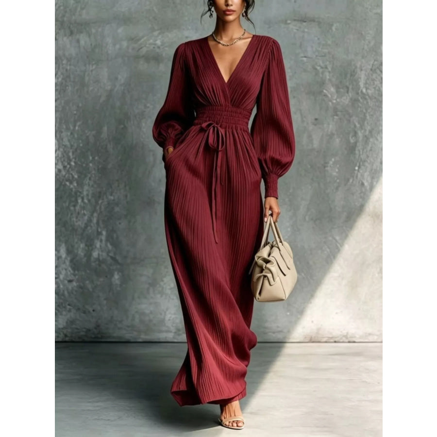 Elegant Pleated V-Neck Maxi Dress with Lantern Sleeves and Tie-Waist Apparel Accessories