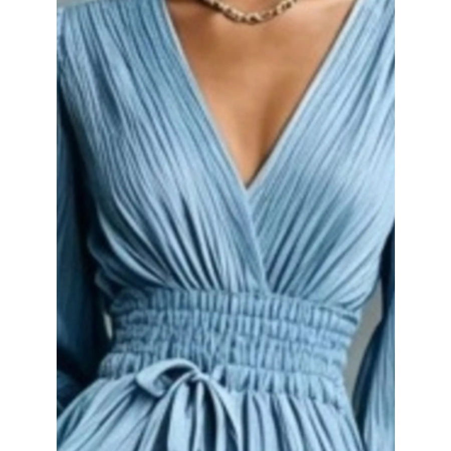 Elegant Pleated V-Neck Maxi Dress with Lantern Sleeves and Tie-Waist Apparel Accessories