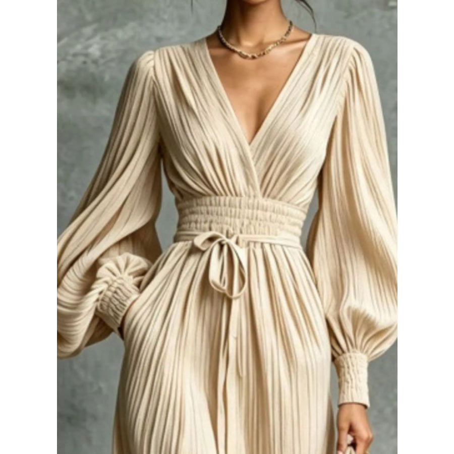 Elegant Pleated V-Neck Maxi Dress with Lantern Sleeves and Tie-Waist Apparel Accessories