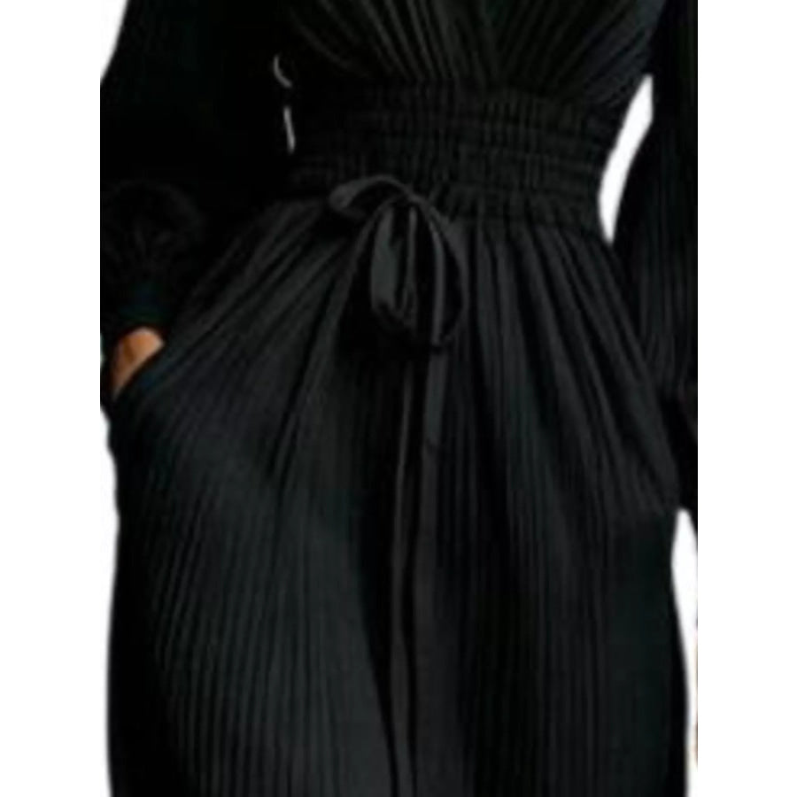 Elegant Pleated V-Neck Maxi Dress with Lantern Sleeves and Tie-Waist Black / S Apparel Accessories