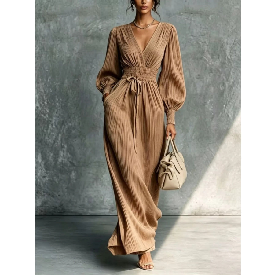 Elegant Pleated V-Neck Maxi Dress with Lantern Sleeves and Tie-Waist Caramel / S Apparel Accessories