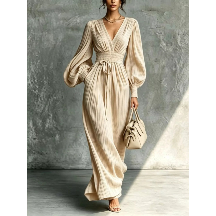 Elegant Pleated V-Neck Maxi Dress with Lantern Sleeves and Tie-Waist Cream / S Apparel Accessories