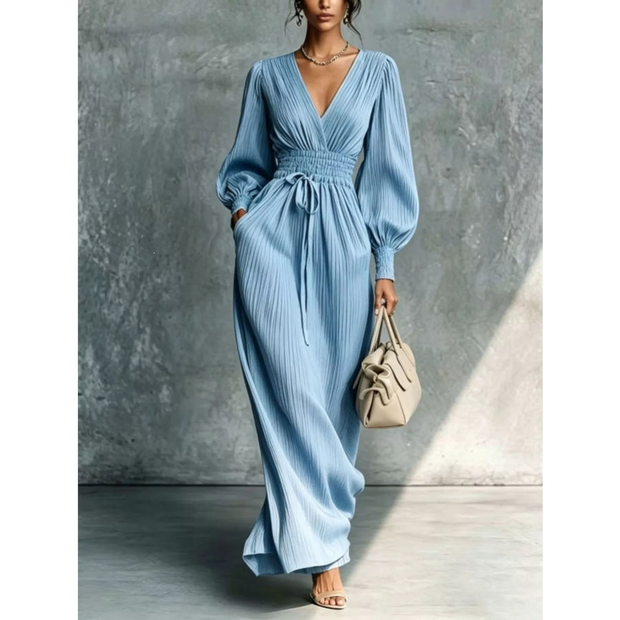Elegant Pleated V-Neck Maxi Dress with Lantern Sleeves and Tie-Waist Sky Blue / S Apparel Accessories