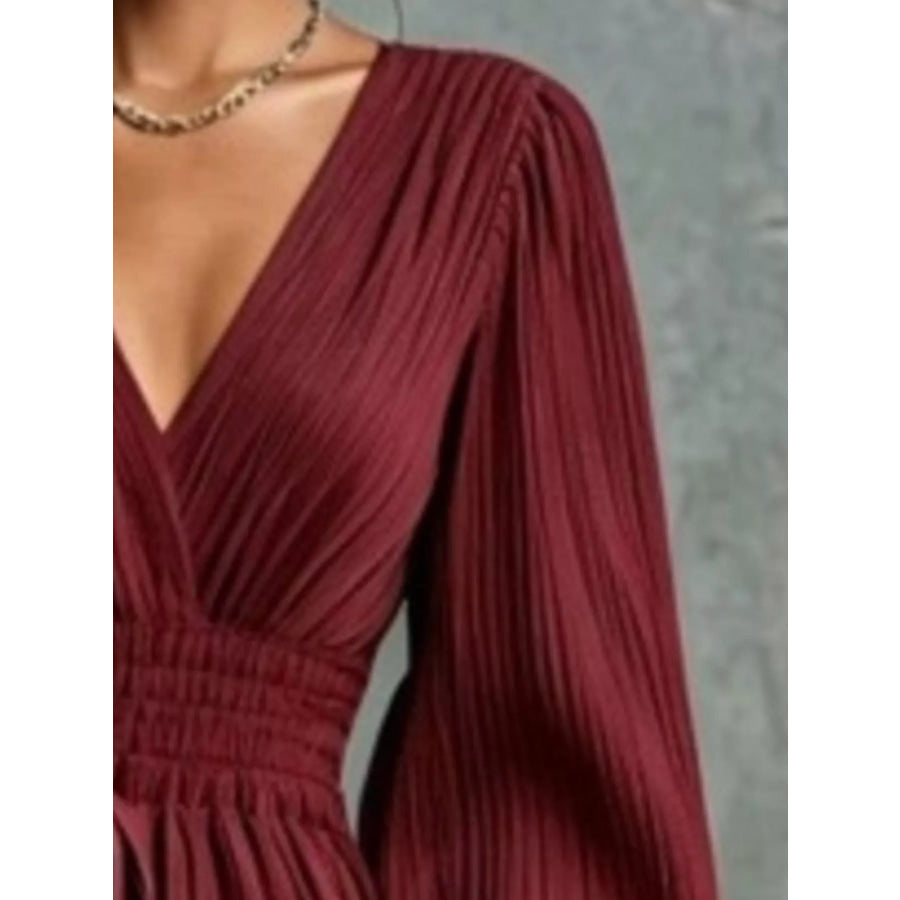 Elegant Pleated V-Neck Maxi Dress with Lantern Sleeves and Tie-Waist Wine Red / S Apparel Accessories