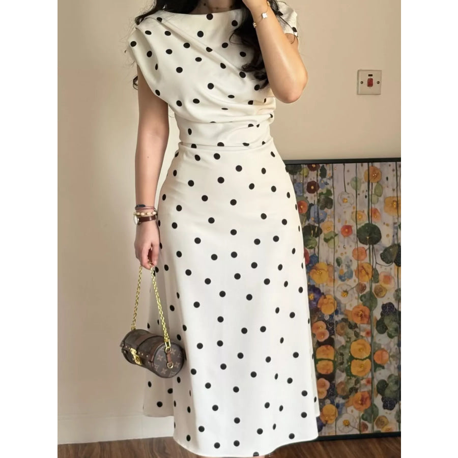 Elegant Polka Dot Midi Dress Black / S Apparel and Accessories