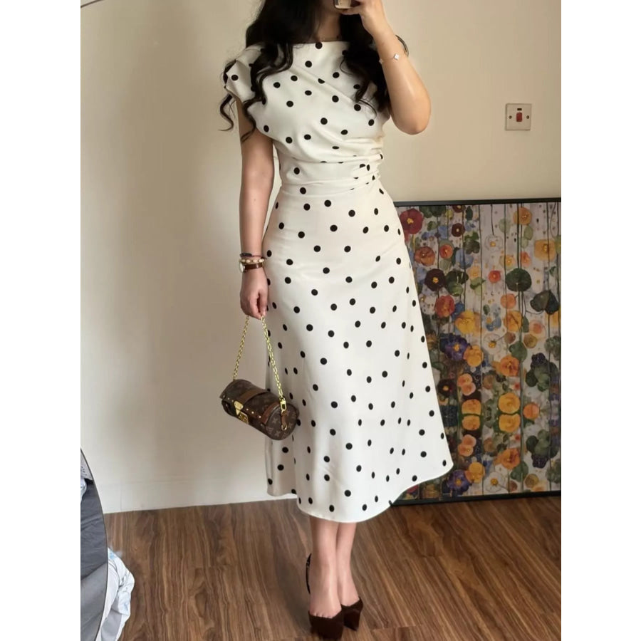 Elegant Polka Dot Midi Dress Black / S Apparel and Accessories
