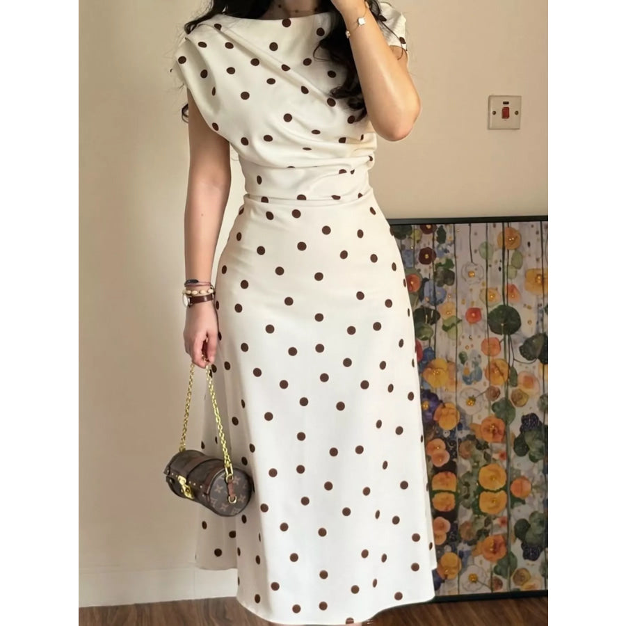 Elegant Polka Dot Midi Dress Brown / S Apparel and Accessories