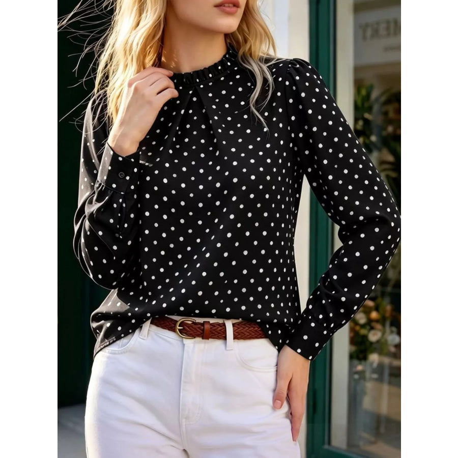 Elegant Polka Dot Print Mock Neck Long Sleeve Blouse Black / S