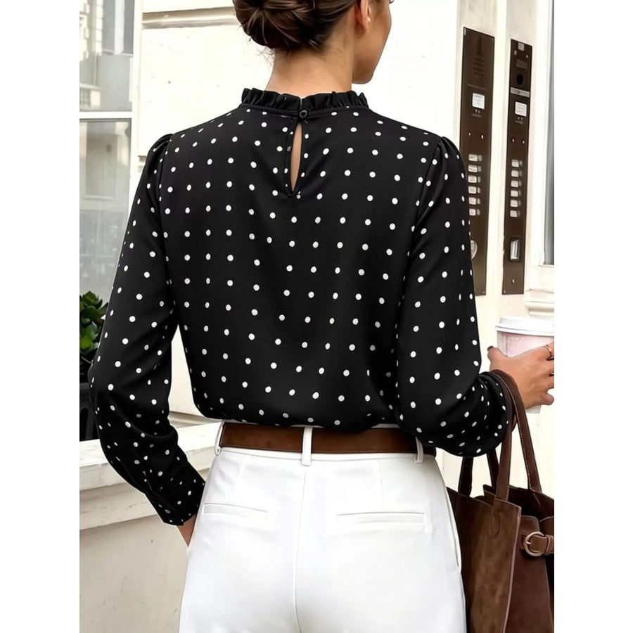 Elegant Polka Dot Print Mock Neck Long Sleeve Blouse