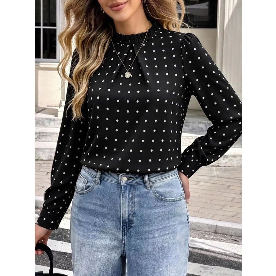 Elegant Polka Dot Print Mock Neck Long Sleeve Blouse