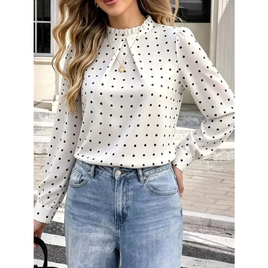 Elegant Polka Dot Print Mock Neck Long Sleeve Blouse