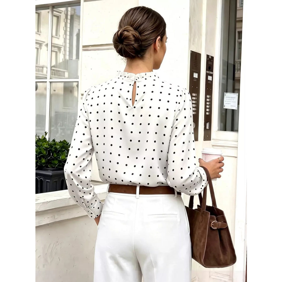 Elegant Polka Dot Print Mock Neck Long Sleeve Blouse