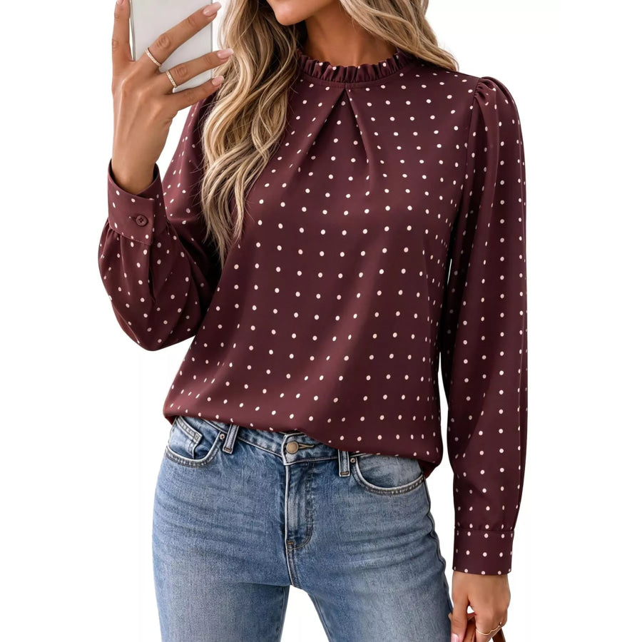 Elegant Polka Dot Print Mock Neck Long Sleeve Blouse