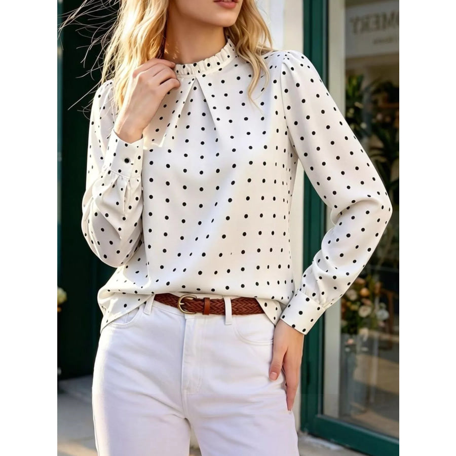 Elegant Polka Dot Print Mock Neck Long Sleeve Blouse White / S