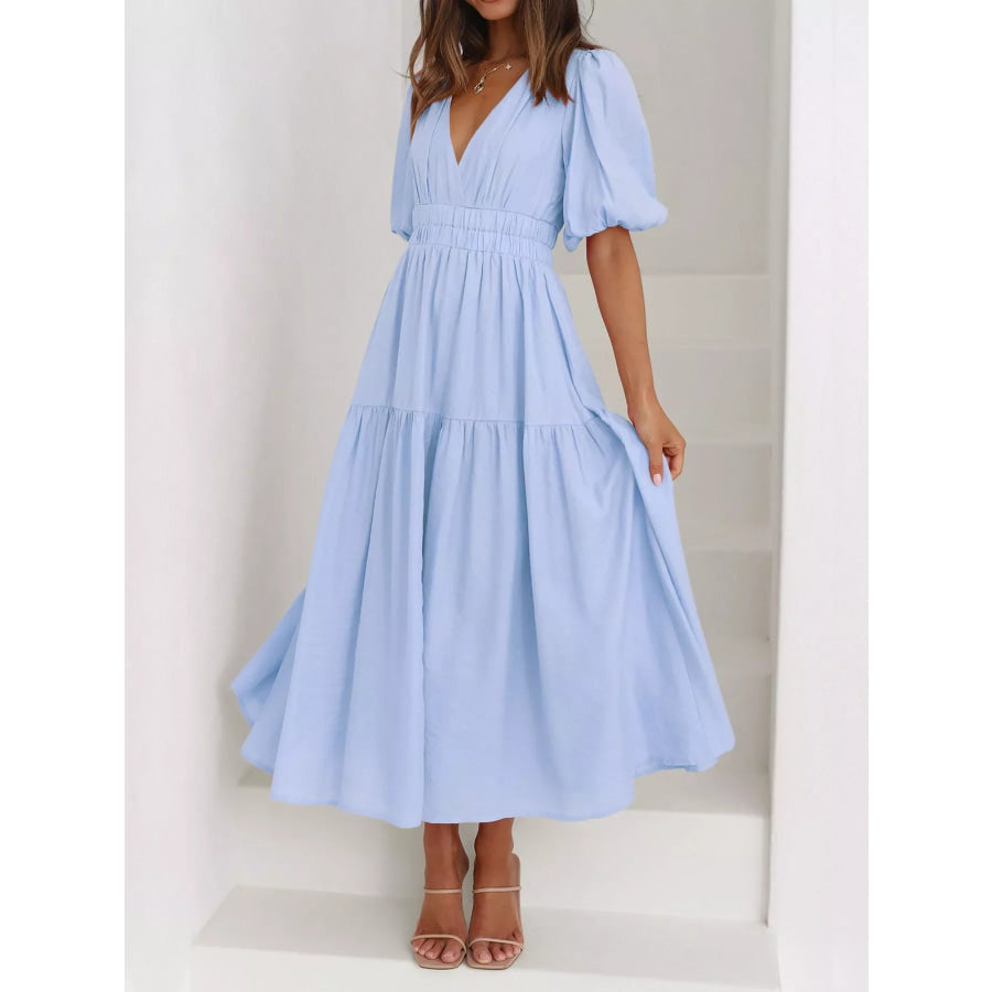 Elegant Puff Sleeve V-Neck Midi Dress Apparel and Accessories