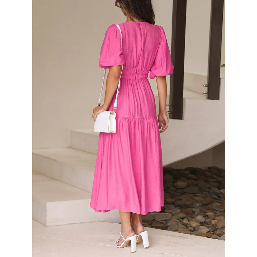 Elegant Puff Sleeve V-Neck Midi Dress Apparel and Accessories