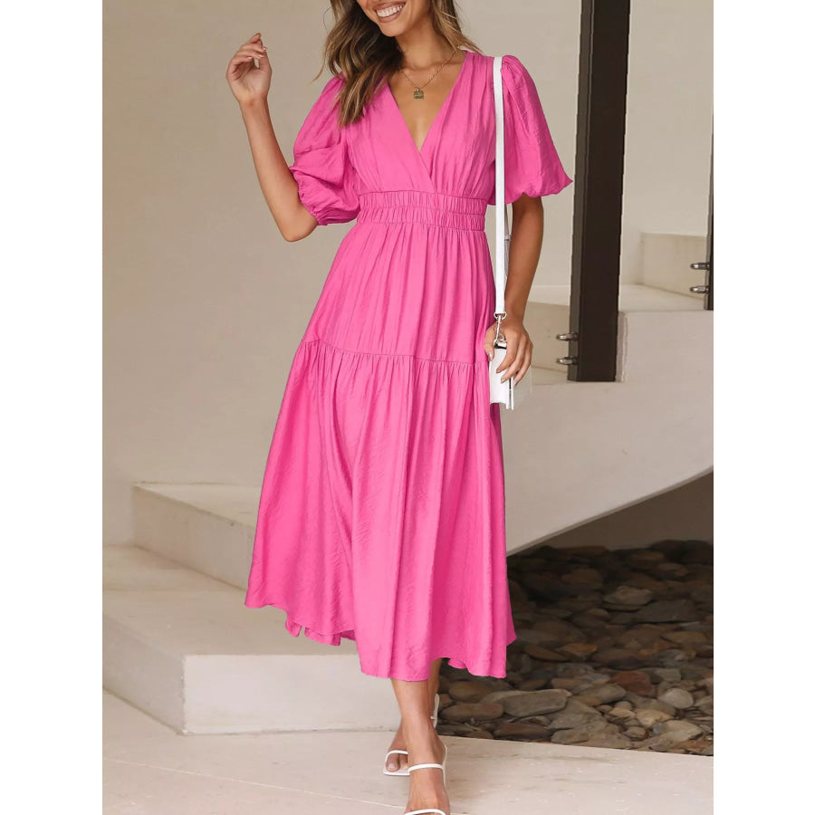 Elegant Puff Sleeve V-Neck Midi Dress Apparel and Accessories