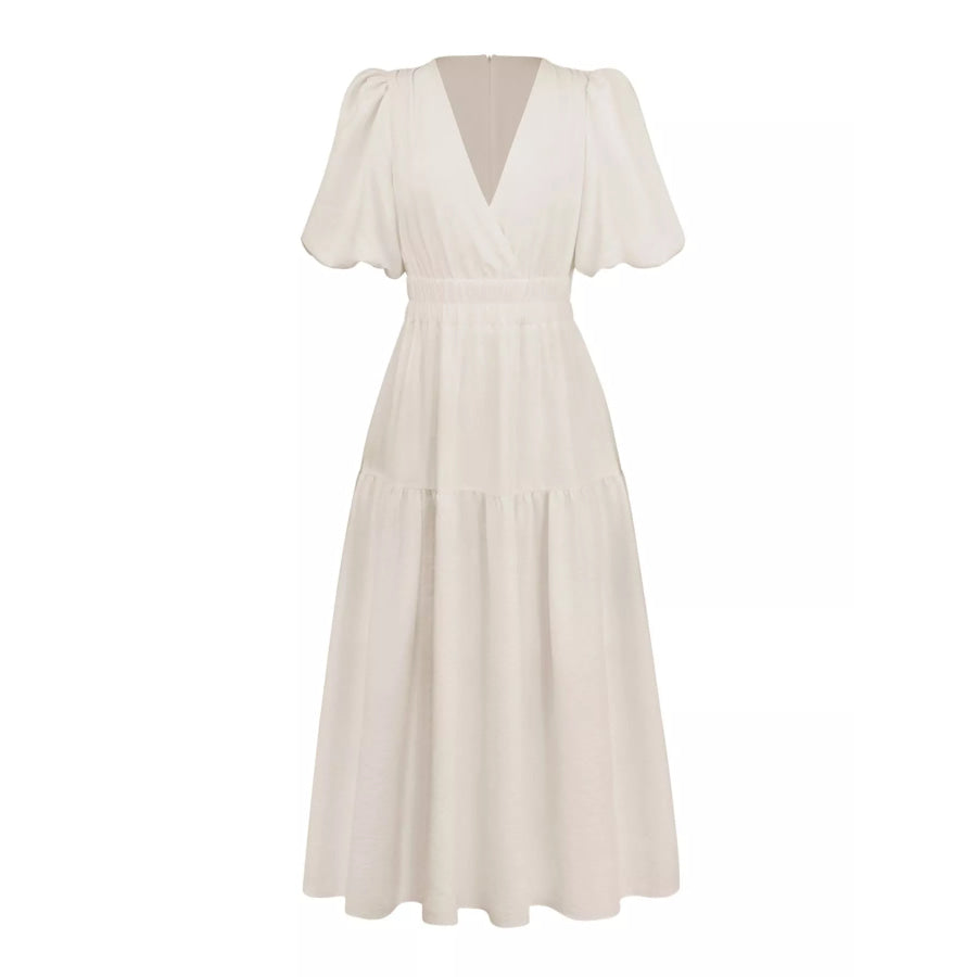 Elegant Puff Sleeve V-Neck Midi Dress Apparel and Accessories