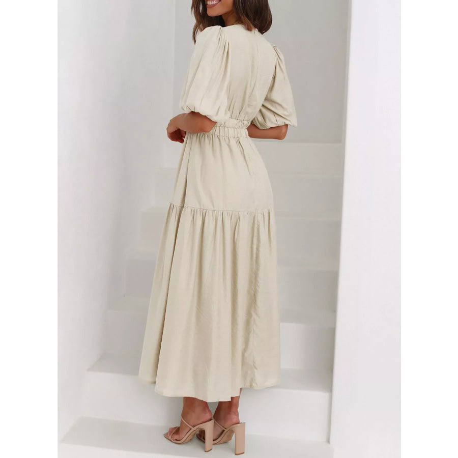 Elegant Puff Sleeve V-Neck Midi Dress Apparel and Accessories