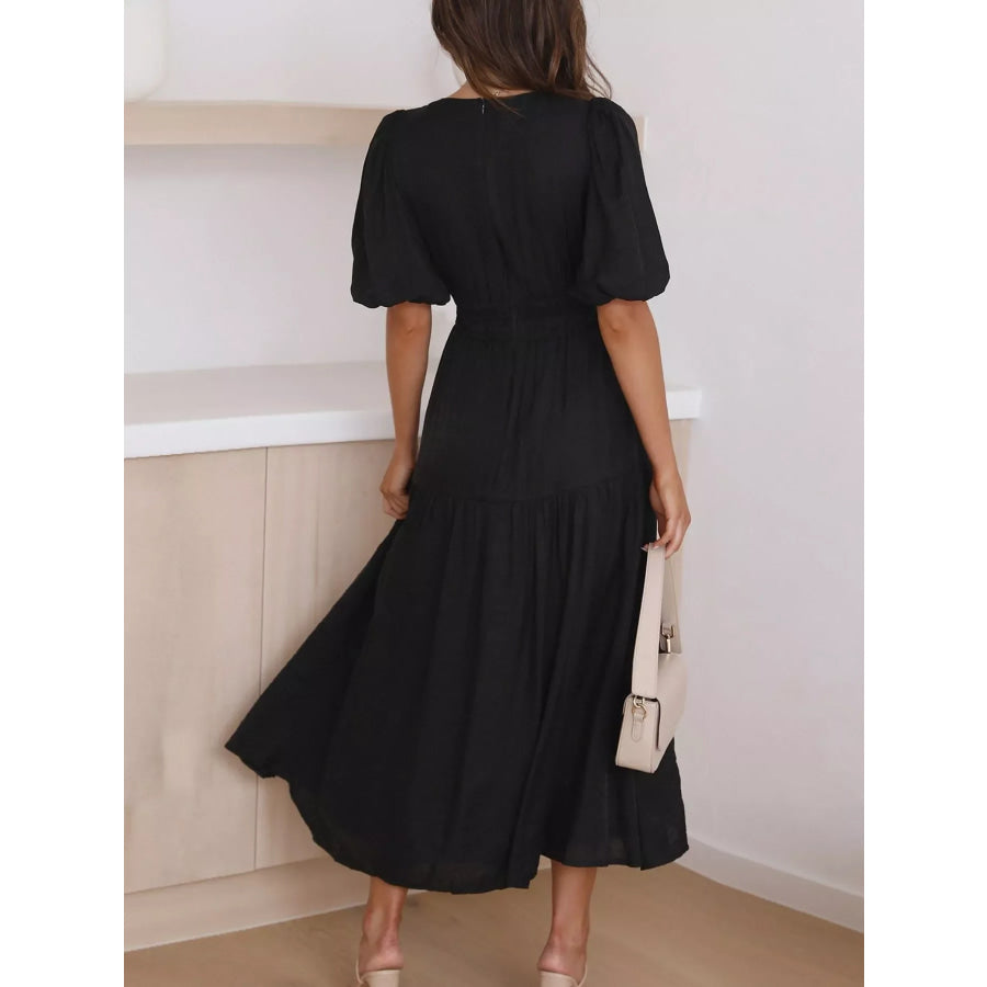 Elegant Puff Sleeve V-Neck Midi Dress Apparel and Accessories