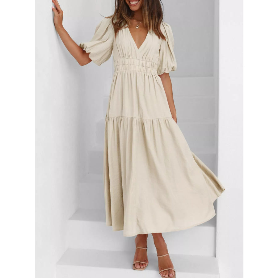 Elegant Puff Sleeve V-Neck Midi Dress Apparel and Accessories