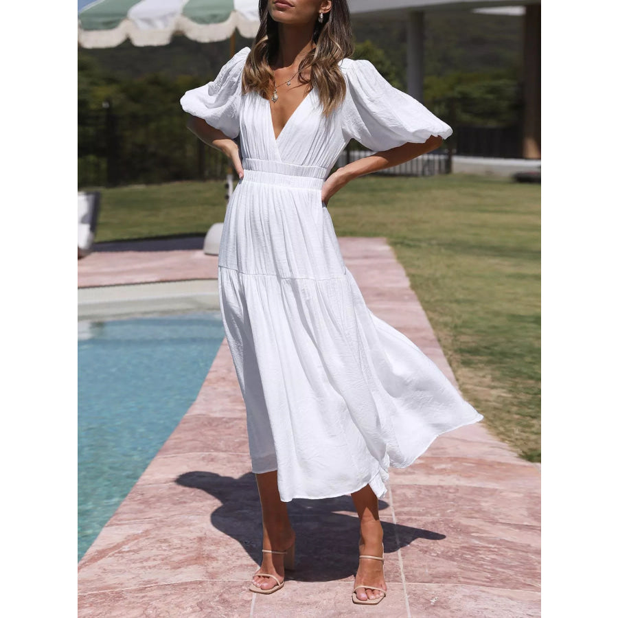 Elegant Puff Sleeve V-Neck Midi Dress Apparel and Accessories