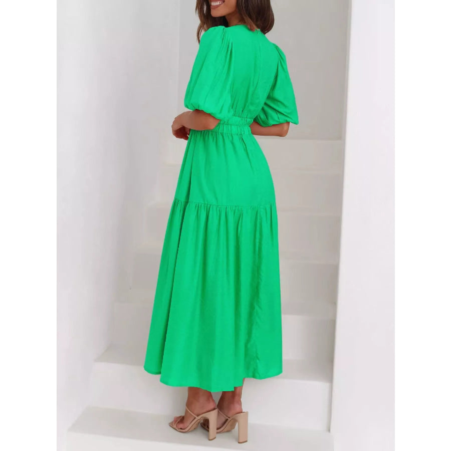 Elegant Puff Sleeve V-Neck Midi Dress Apparel and Accessories