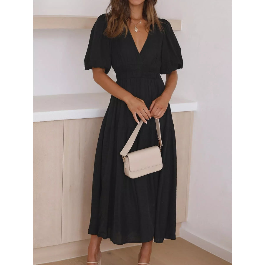 Elegant Puff Sleeve V-Neck Midi Dress Apparel and Accessories