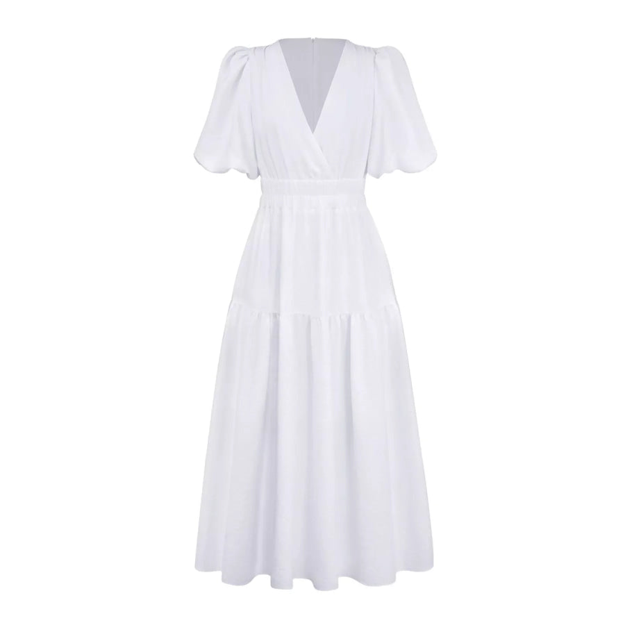Elegant Puff Sleeve V-Neck Midi Dress Apparel and Accessories