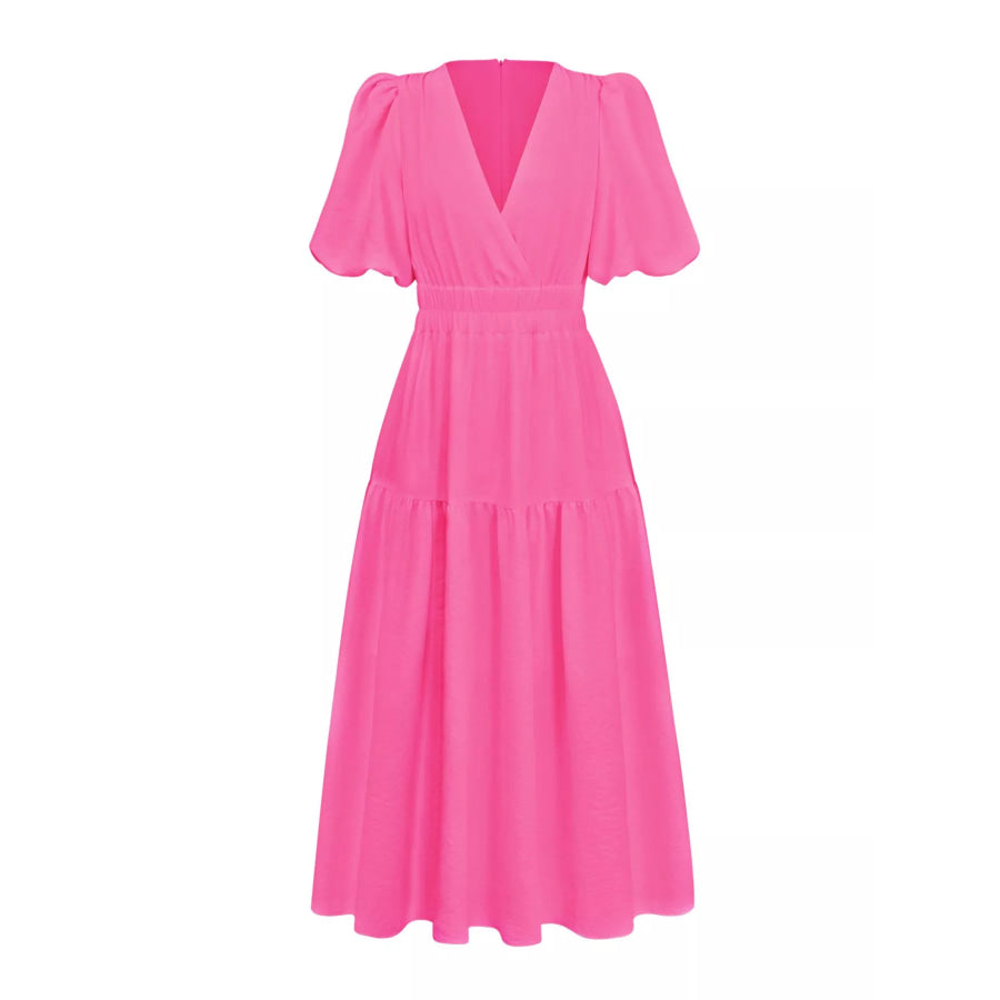 Elegant Puff Sleeve V-Neck Midi Dress Apparel and Accessories