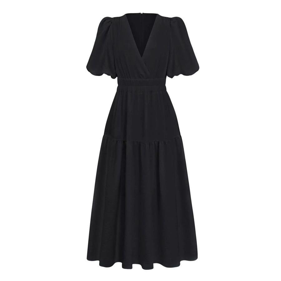 Elegant Puff Sleeve V-Neck Midi Dress Apparel and Accessories