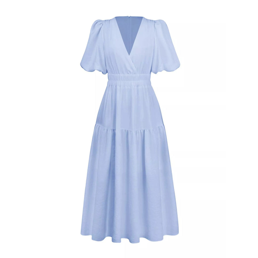 Elegant Puff Sleeve V-Neck Midi Dress Apparel and Accessories