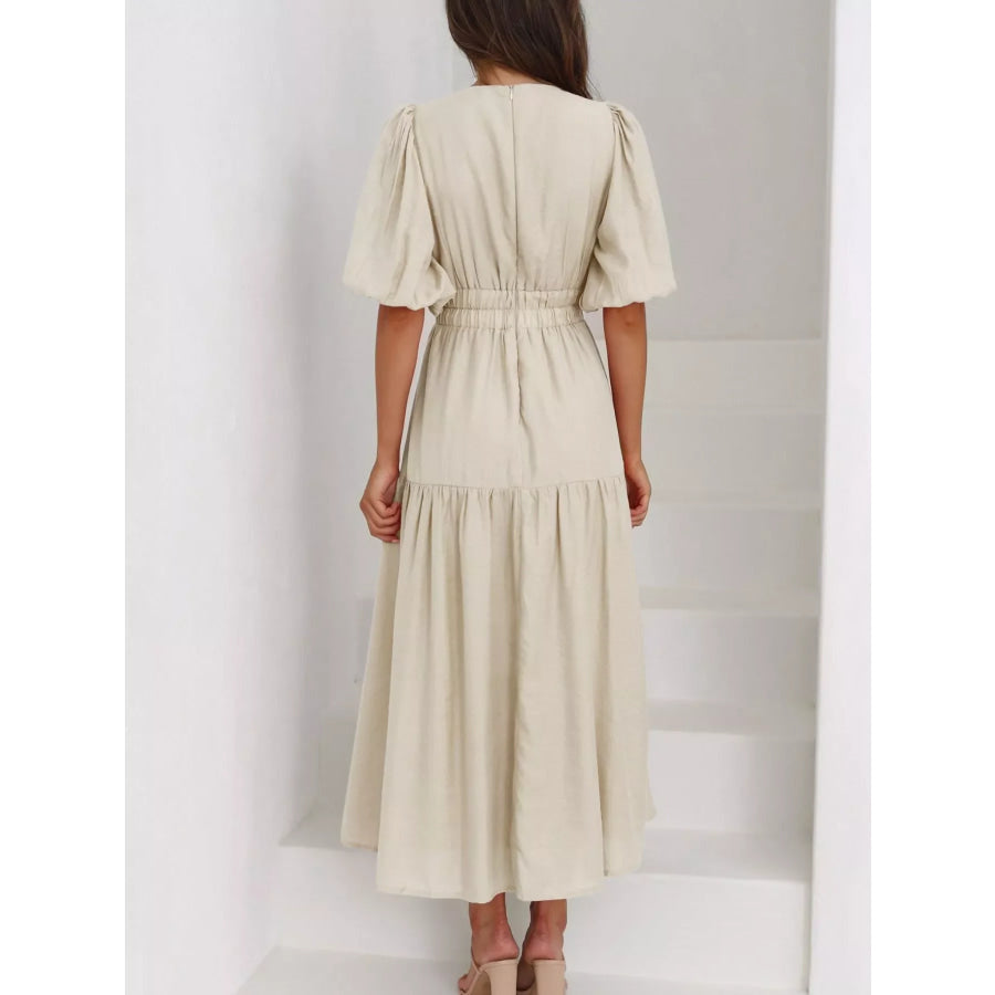 Elegant Puff Sleeve V-Neck Midi Dress Apparel and Accessories