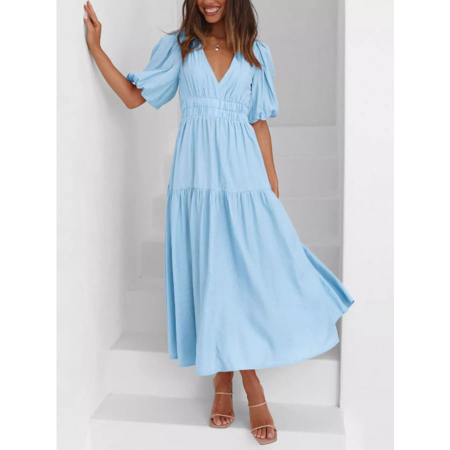 Elegant Puff Sleeve V-Neck Midi Dress Apparel and Accessories