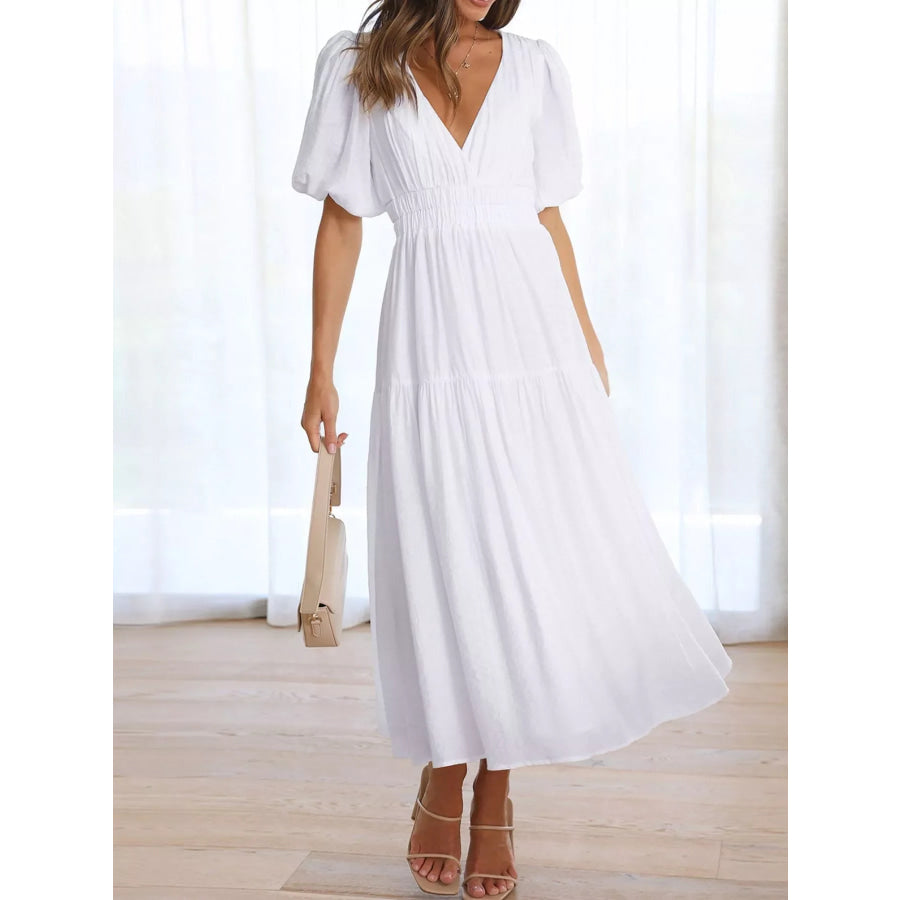Elegant Puff Sleeve V-Neck Midi Dress Apparel and Accessories