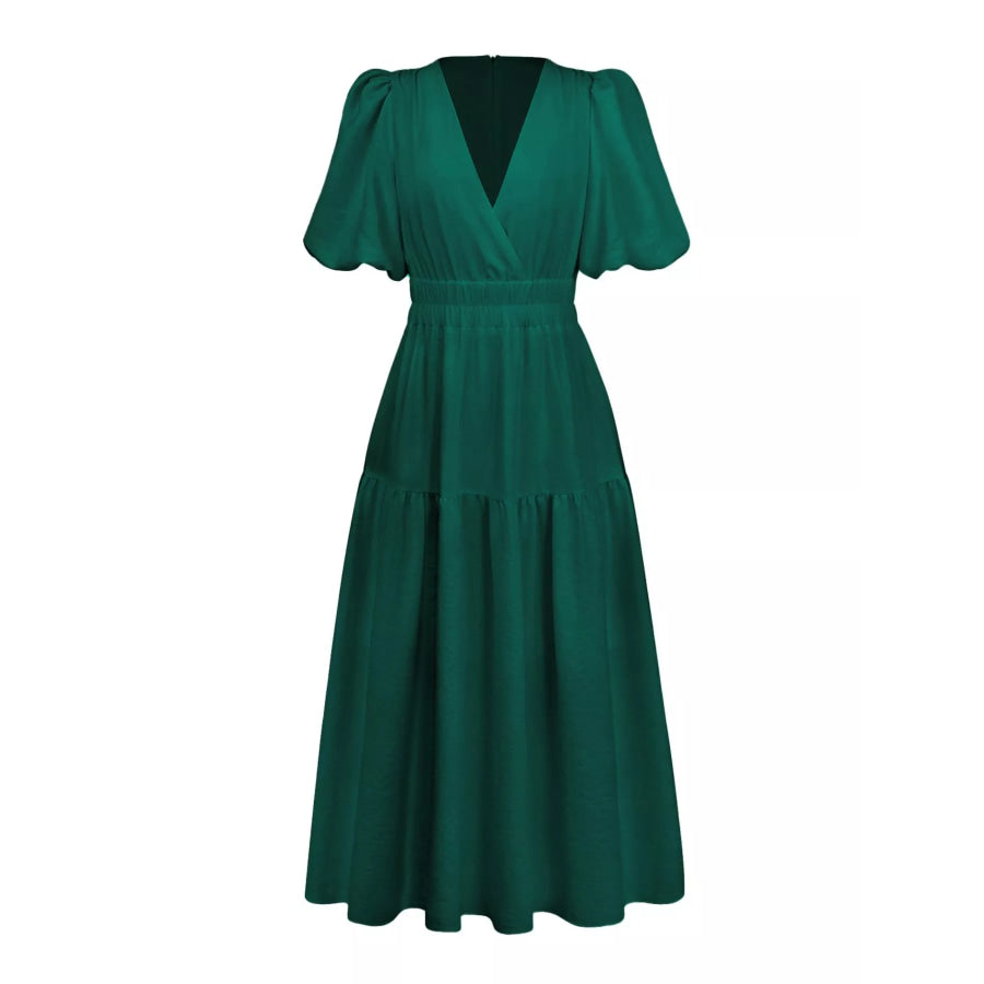 Elegant Puff Sleeve V-Neck Midi Dress Apparel and Accessories