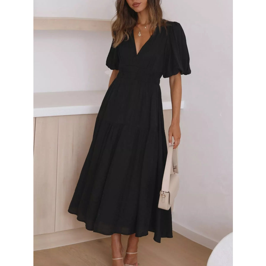 Elegant Puff Sleeve V-Neck Midi Dress Apparel and Accessories