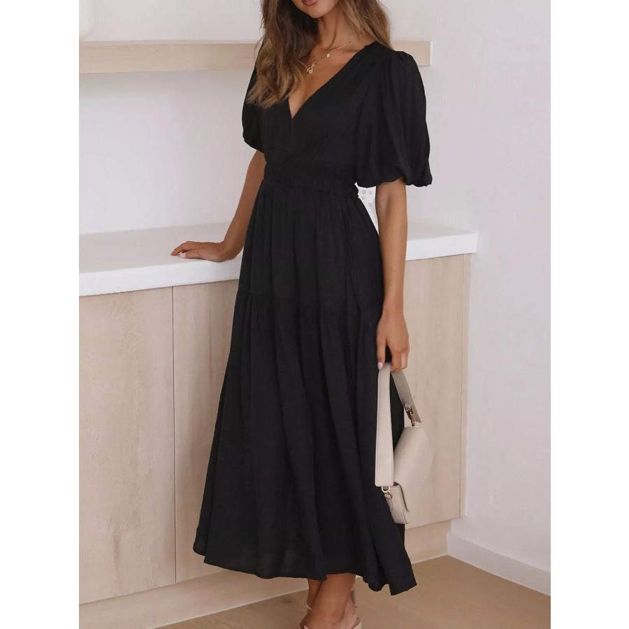 Elegant Puff Sleeve V-Neck Midi Dress Black / S Apparel and Accessories