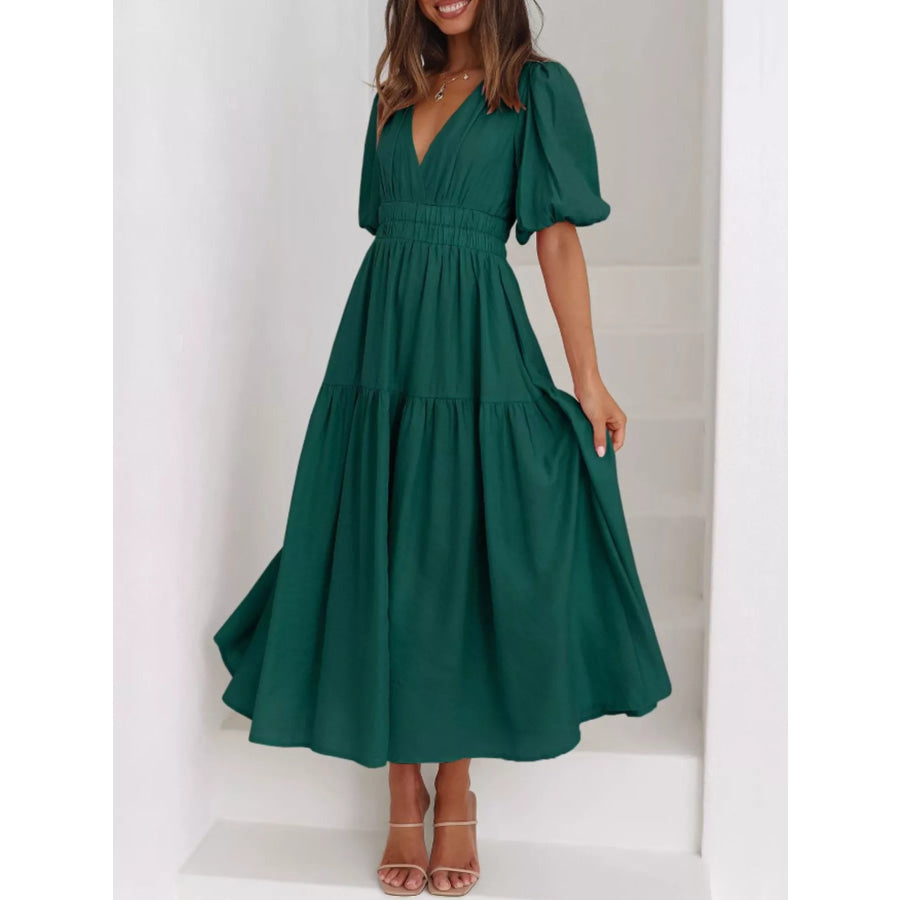 Elegant Puff Sleeve V-Neck Midi Dress Dark Green / S Apparel and Accessories