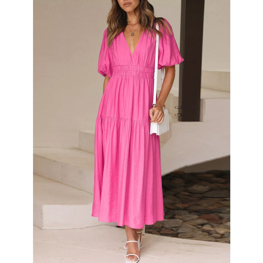 Elegant Puff Sleeve V-Neck Midi Dress Hot Pink / S Apparel and Accessories