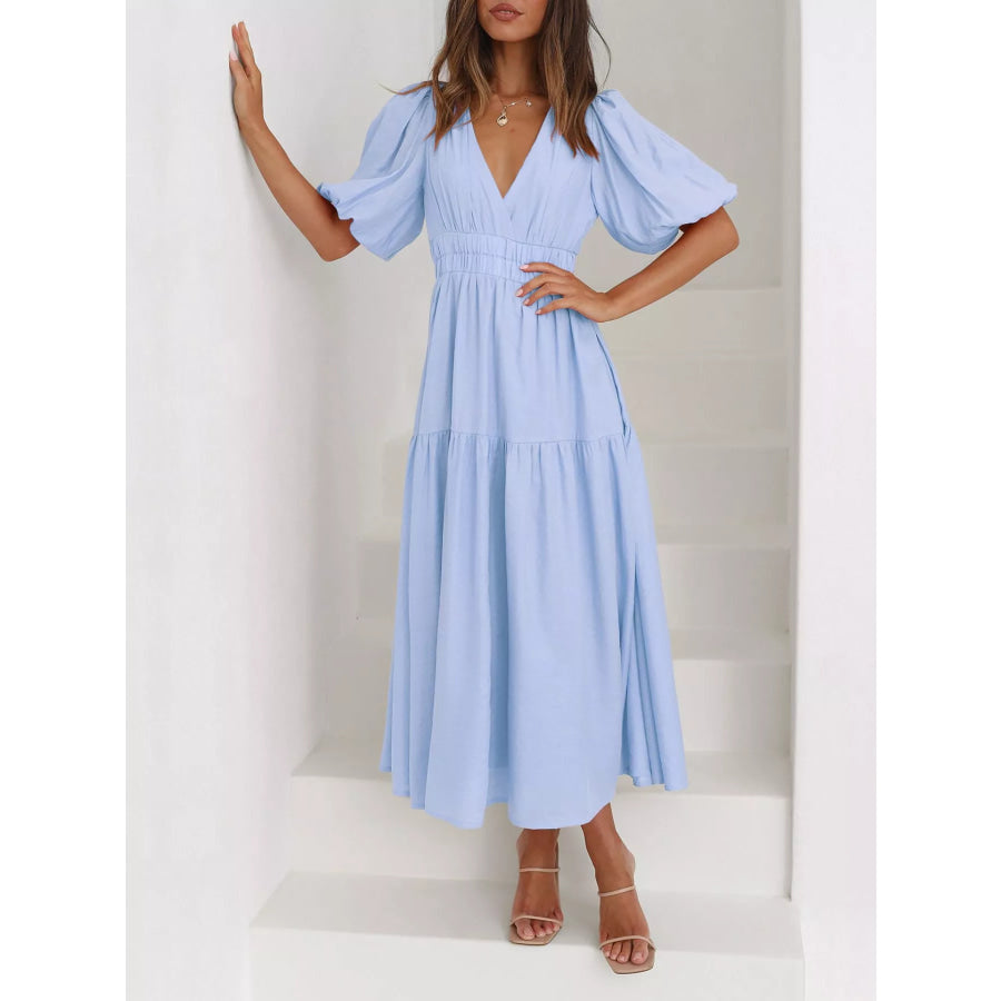 Elegant Puff Sleeve V-Neck Midi Dress Light Blue / S Apparel and Accessories