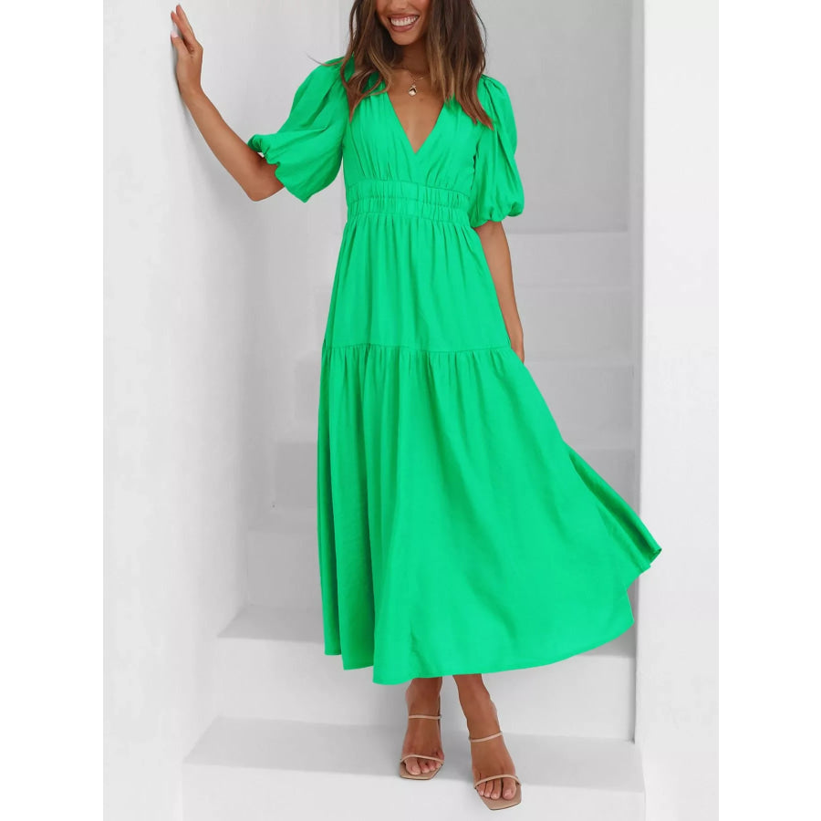 Elegant Puff Sleeve V-Neck Midi Dress Neon Green / S Apparel and Accessories