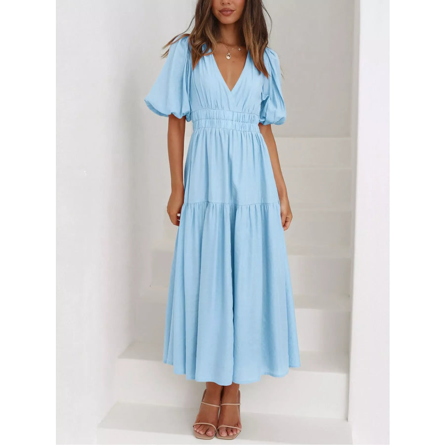 Elegant Puff Sleeve V-Neck Midi Dress Pastel Blue / S Apparel and Accessories